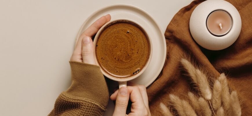 Hands,With,Cup,Of,Coffee,,Linen,Cloth,,Dry,Lagurus,Grass